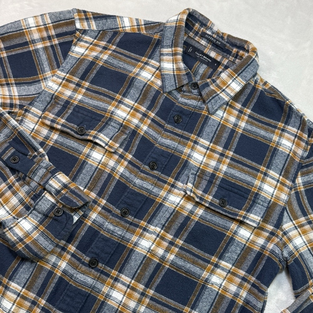 Lucky Brand Mens S Flannel Shirt‎ Navy Brown Plaid Classic Fit 100% Cotton